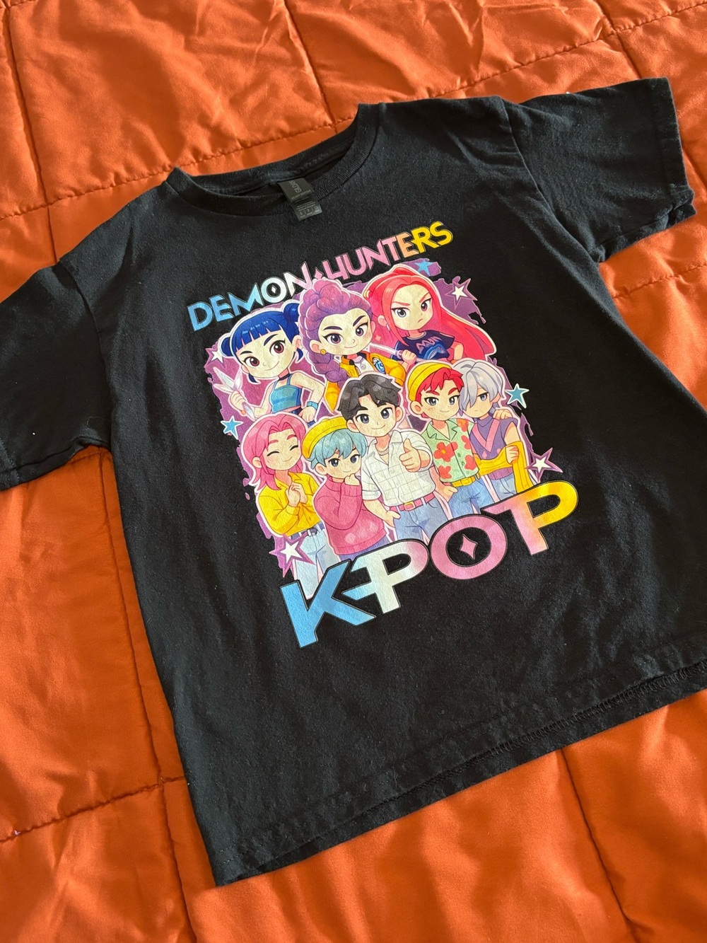 Gildan Black Kids K-POP Demon Hunters Graphic Tee W/Rainbow Artwork 100% Cotton
